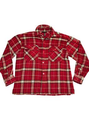 Hip Hop History Red Plaid Flannel Shacket Shirt Sz L Grunge Streetwear Distresse